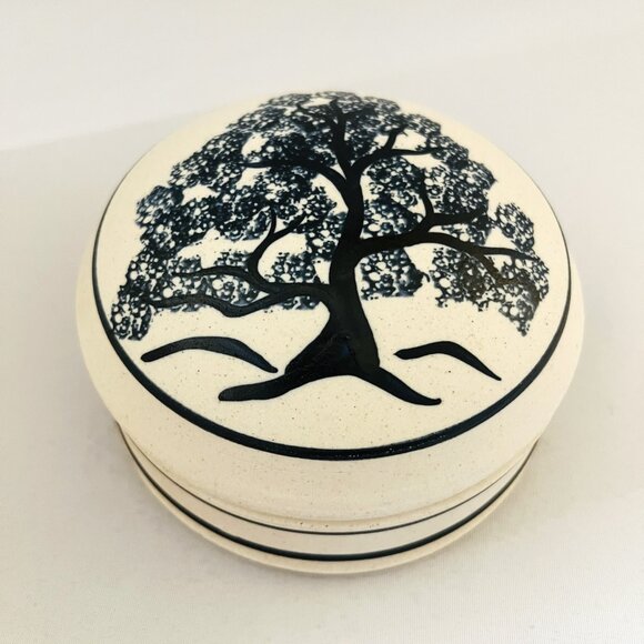 Tree of Life Lidded Trinket Box Vintage Hand Painted Ceramic Cobalt Blue Signed - Picture 1 of 12